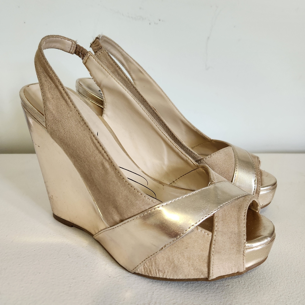 Bata Gold And Beige Leather High Wedge Heels